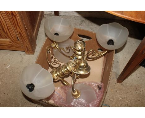 A box containing a pair of hanging light fittings with glass shades