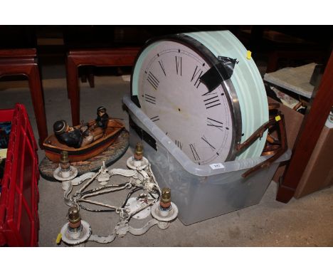 Wrought iron light fitting and a box of various sundry items, to include a large clock, AF