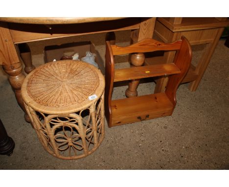 A wicker stool together with a pine hanging shelf fitted single drawer
