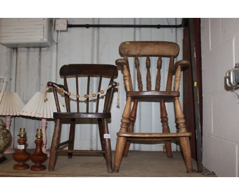 A child's spindle back commode chair AF together with a beech child's highchair