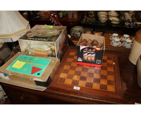 A set of snooker balls, a punch bowl set, chessboard and pieces