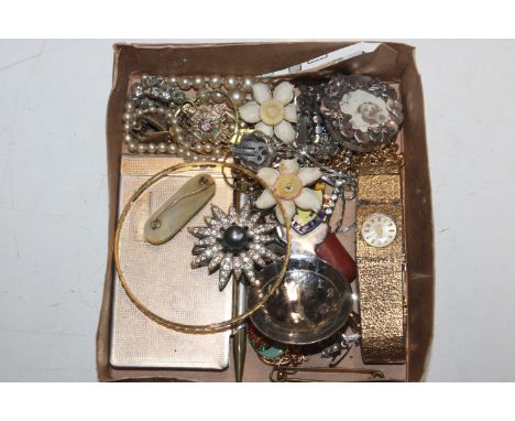 A box containing a ladies wristwatch, a caddy spoon, various costume jewellery