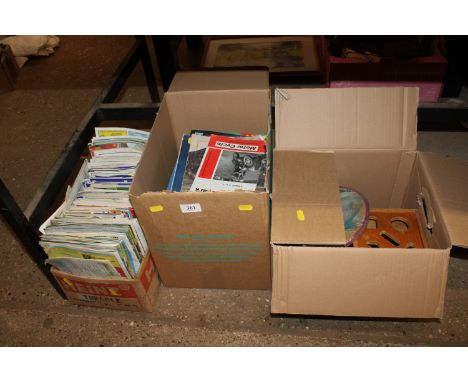 Two boxes containing mostly Ipswich Town Football Club programmes and other programmes, together with a box of vintage toys