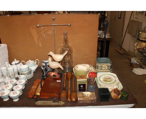 Three exercise clubs, face masks; large Bells Scotch whisky bottle; mahogany trinket box etc.