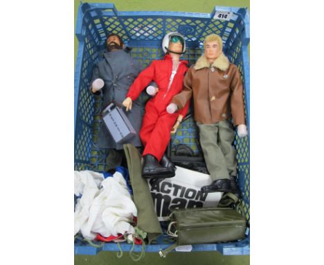 Three Palitoy Flock Haired Action Man Figures, including Action Man Red Devil (left arm broken) helmet, goggles, red jump sui