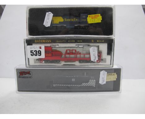 Three 'N' Gauge U.S.A Outline Cased Diesel Locomotives, Con-Cor Ref No 5001, A.T.S,F shunter/cow R/No 1242, Atlas Ref No 5001