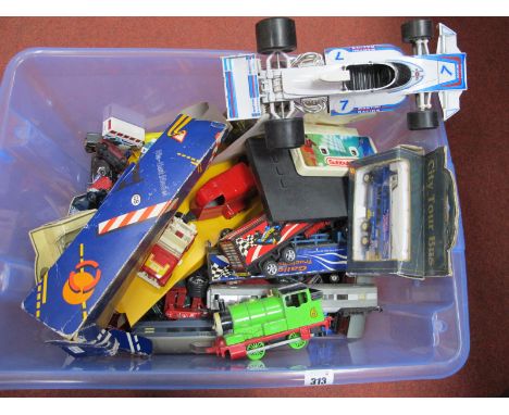 A Quantity of Mostly Playworn Diecast Model Vehicles, including Polistil 1:15 scale Brabham BT44 F1 car, Subbuteo scoreboard 