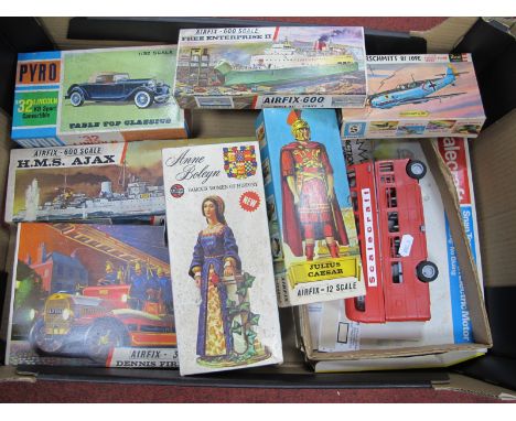 Eight Plastic Model Kits, by Scalecraft, Airfix, Revell, Pyro,mostly unstared to include Airfix 32 scale Dennis Fire Engine, 