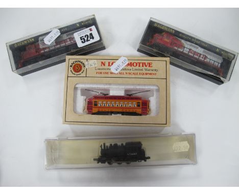 Two Bachmann 'N' Gauge Cased U.S.A Outline GP-40 Santa Fe Diesel Locomotives R/No 890, plus a Atlas Ref No 7781 0-6-0 A.T,S,F