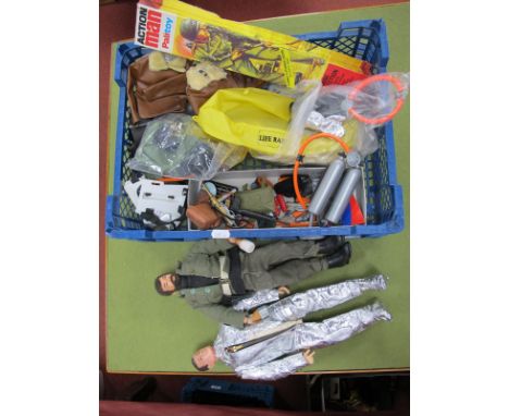 Two Palitoy Action Man Figures, comprising of a 1960's moulded hair Action Man, wearing a silver zip up space suit with boots