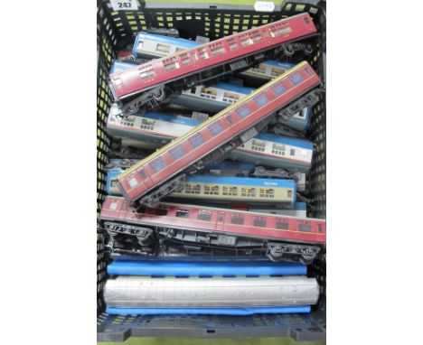 Fourteen 'OO' Gauge/4mm Unboxed Coaches, Hornby, Tri-ang, Lima, three Blood/Custard, three LMS/BR Maroon, seven grey/blue Int
