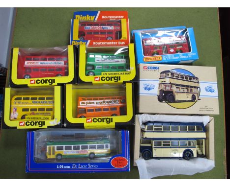 Eight Diecast Model Buses, by Corgi, Matchbox, Dinky, EFE, including Corgi #476 British Telecom, 'Dinky Toys #269 Routemaster