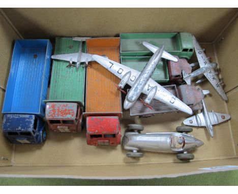 Eleven Playworn Vintage Dinky Toys Diecast Model Vehicles and Aircraft, to include 25R forward control lorry, Dodge tipper wa