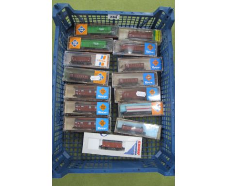 Fifteen 'N' Gauge Cased Items of DB Rail (Continental Outline), Rolling Stock, by Roco and Arnold etc, ore wagons, baggage va