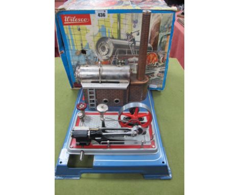 A Boxed Wilesco D16 Steam Engine Plant, with horizontal boiler, burner, powering a horizontal single cylinder engine, spoked 