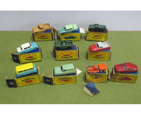 Ten Boxed Matchbox 1-75 Series Diecast Model Vehicles, comprising of #50 Commer pick up, red and grey body, grey wheels, #29 