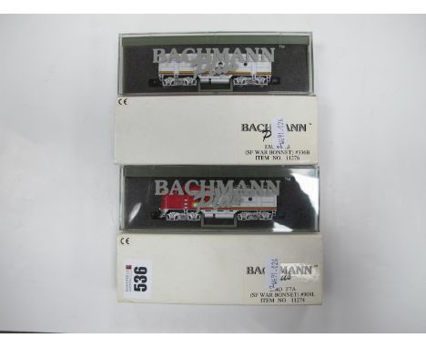 Two Bachmann Plus 'N' Gauge U.S.A Outline Cased Diesel Locomotives, Ref No 11274 EMD F7A and Ref No 11276 EMD F7B, both 'Sant