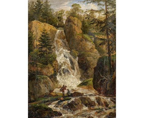   DRESDENER MEISTER  DRESDENER MEISTER   um 1840   Titel: Wasserfall im Wald.    Technik: Öl auf Leinwand.    Maße: 21,5 x 17