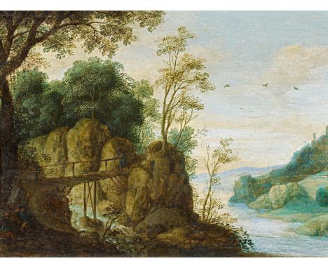   STALBEMT, ADRIAEN VAN  STALBEMT, ADRIAEN VAN   Antwerpen 1580 - 1662    Titel: Landschaft mit Wanderer auf einer Brücke übe