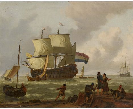  NIEDERLÄNDISCHER MEISTER  NIEDERLÄNDISCHER MEISTER   um 1700   Titel: Dreimaster vor der Küste.    Am Ufer Fischer, die ein