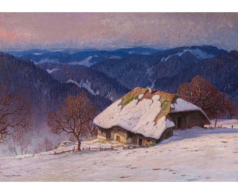   HAUPTMANN, KARL  HAUPTMANN, KARL   1880 Freiburg - 1947 Todtnau    Titel: Schwarzwaldhof in der Wintersonne.    Technik: Öl