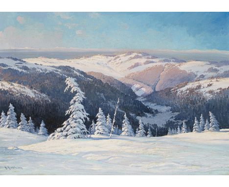   HAUPTMANN, KARL  HAUPTMANN, KARL   1880 Freiburg - 1947 Todtnau    Titel: Verscheite Schwarzwaldhöhen im Sonnenlicht.    Te