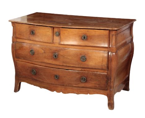 A CONTINENTAL FRUITWOOD BOMBE COMMODE 19th century, the top with moulded edges, with a shaped apron beneath, on outswept brac