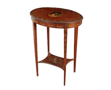 AN EDWARDIAN PAINTED SATINWOOD OVAL OCCASIONAL TABLE the top painted with the figure of a girl, with a border of trailing flo