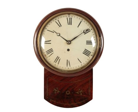 A 19TH CENTURY DROP DIAL WALL CLOCK the 20cm convex dial with Roman numerals, French movement, in a mahogany case with brass 