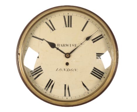 A 19TH CENTURY MAHOGANY WALL CLOCK the 30cm dial inscribed "Barwise London", with convex glass cover, the single fusee moveme