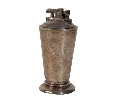 A SILVER TABLE LIGHTER By Garrard &amp; Co Ltd, London, 1955, of tapering cylindrical form, on circular form, 11cm high