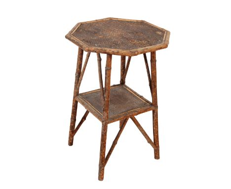 AN AESTHETIC MOVEMENT BAMBOO OCCASIONAL TABLE late 19th century, the octagonal rattan top with splayed legs and a second squa
