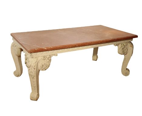 A GEORGE II STYLE CARVED WOOD AND MARBLE TOPPED CENTRE TABLE, Mid-20th century, in the manner of William Kent, the marble top