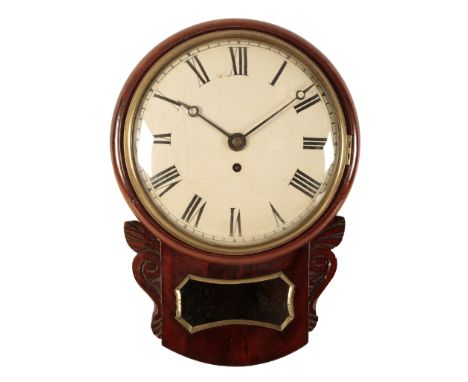 A VICTORIAN MAHOGANY DROP DIAL WALL CLOCK the 22cm convex dial with Roman numerals, single fusee movement, in a mahogany case