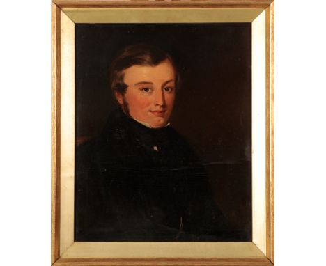 ENGLISH SCHOOL, 19TH CENTURY A portrait of a gentleman the sitter depicted half-length in an interior, oil on board, 36cm x 2