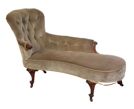 A VICTORIAN WALNUT CHAISE LOUNGE with velvet buttoned covers, on short cabriole legs in ceramic casters, 98cm high x 158cm lo