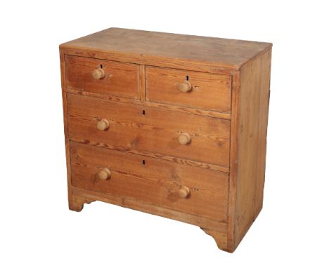 A VICTORIAN STRIPPED PINE CHEST OF DRAWERS with two short drawers above two long, with turned knob handles, on bracket feet, 