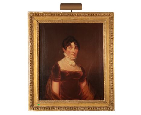 ENGLISH SCHOOL, 19TH CENTURY A portrait of a lady The sitter depicted half-length wearing a maroon dress with lace collar, oi