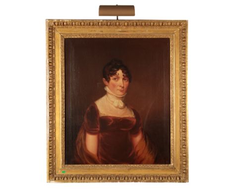 ENGLISH SCHOOL, 19TH CENTURY A portrait of a lady The sitter depicted half-length wearing a maroon dress with lace collar, oi