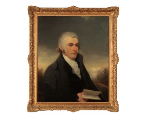 ENGLISH SCHOOL, 19TH CENTURY A portrait of a gentleman depicted half length holding an open book in his right hand, with open