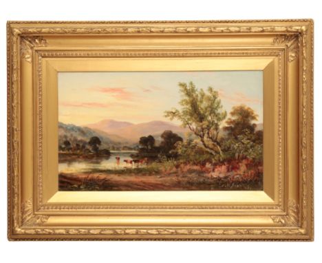 MARTIN M. JACOBI (1839-?) Lakeland scene with cattle watering signed and dated 1880 lower right, oil on canvas, 30cm x 50cm
