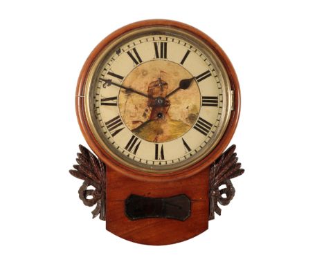 A VICTORIAN MAHOGANY DROP DIAL WALL CLOCK the 28cm dial with a painted scene of a windmill, single fusee movement, in a mahog