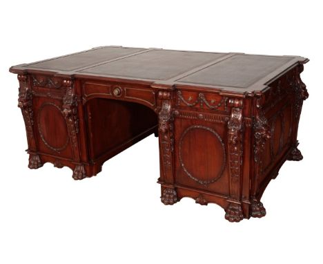 AN IMPRESSIVE MAHOGANY AND LEATHER INSET WRITING TABLE, AFTER 'THE NOSTELL PRIORY DESK', 20th century, designed after the wri