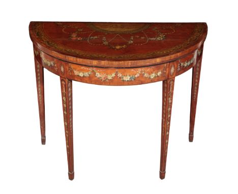 AN EDWARDIAN MAHOGANY AND POLYCHROME CARD TABLE the demi-lune top painted with a central classical scene bordered by sprays o