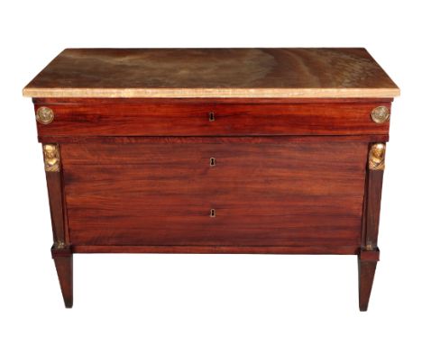 A LOUIS PHILIPPE MAHOGANY COMMODE Circa 1835, with a marble top above a single frieze drawer with gilt metal lion mask handle