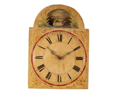 A VICTORIAN CONTINENTAL WOODEN PAINTED DIAL WALL CLOCK the arch dial with a swimming swan, the chain wind movement striking o