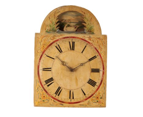 A VICTORIAN CONTINENTAL WOODEN PAINTED DIAL WALL CLOCK the arch dial with a swimming swan, the chain wind movement striking o