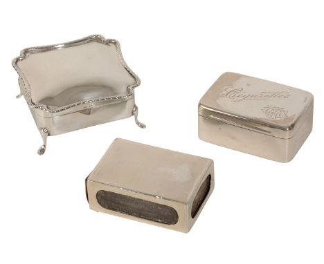 A SMALL COLLECTION OF SILVER BOXES including a silver cigarette box by George Wilkinson, London, 1889, of rectangular form th