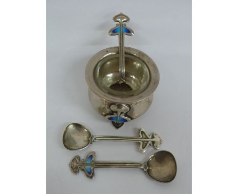 Archibald Knox designed silver and enamel salt plus matching spoon, maker Daniel George Collins Birmingham 1905 together with