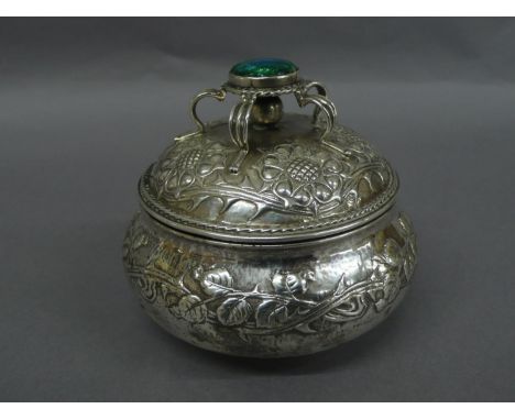 Omar Ramsden &amp; Alwyn C.E. Carr - Good chased silver circular box with blue green enamel finial, five curved reeded suppor